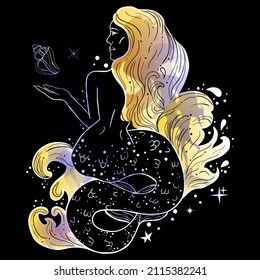 Tattoo art style illustration of a mermaid. Dark gothic background of a fairytale character.