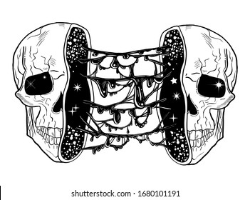 Tattoo art style illustration of open skull with slime goo inside. Dark, gothic, witchy vibes. Radioactive zombie portrait.