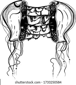 Tattoo art style illustration of open jellyfish with slime goo inside. Dark, gothic, witchy vibes. Radioactive zombie portrait.