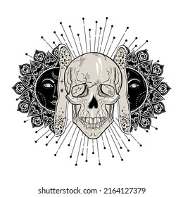 Tattoo art style illustration of open sun with skull inside.