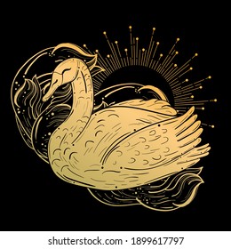 Tattoo art style illustration of a swan. Dark, gothic, witchy vibes.