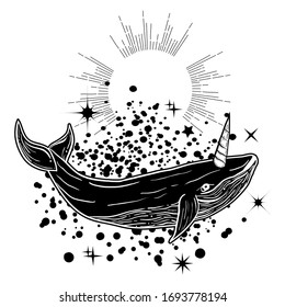 Tattoo art style illustration with whale unicorn. Mystical symbol of adventure, dreams