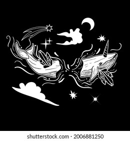 Tattoo art style illustration with whale unicorn. Mystical symbol of adventure, dreams
