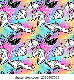 Tattoo art style seamless pattern of fortune cookies with holographic background.