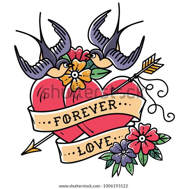 刺青 矢に刺さった2つの心 花 リボン ツバメのあるハート 永遠の愛 バレンタインデーのイラスト 古い学校のデザイン のベクター画像素材 ロイヤリティフリー