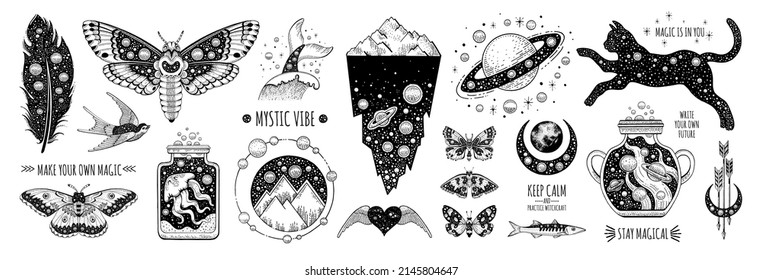 Tattoo art. Vector surreal astrology. Universe space tattoo print. Magic witch astronomy graphic with moon, star, moth, cat, saturn. Sketch boho mystic illustration. Vintage witch esoteric surreal art