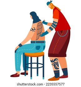 Tattoo artist client, art people tattoo, pattern making, artist body, isolated on white, design, flat style vector illustration.