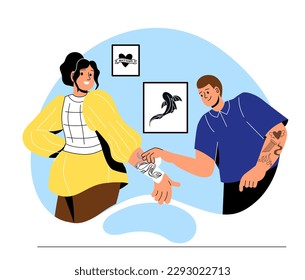 Tattoo-Künstler mit Klient. Master entfernt Gips von der Hand des jungen Mädchens. Tintenzeichnung der Schlange auf der Haut. Mode, Trend und Stil. Kreativität und Kunst. Cartoon-Flache Vektorgrafik