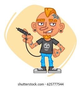 Tattoo Artist Holds Tattoo Machine. Vector Illustration. Mascot Character.