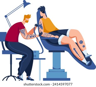 Tattoo artist inking a young female client. Modern tattoo studio setup, focused tattooist at work. Artistic expression and body modification vector illustration.