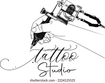 Tattoo artist logo, tattoo designer holding designing machine in hand, tattoo studio clip art, and symbol, tattoo machine vector illustration