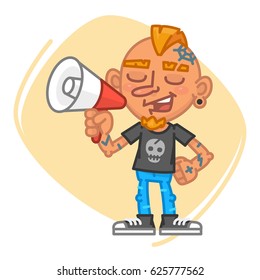 Tattoo Artist Speaks Into Megaphone. Vector Illustration. Mascot Character.