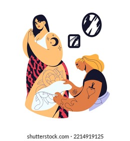 Tattoo artist and woman client. Ink body art master putting of film from girl leg, hip. Modern fashion tattooist works in salon, parlor. Flat vector illustration isolated on white background.