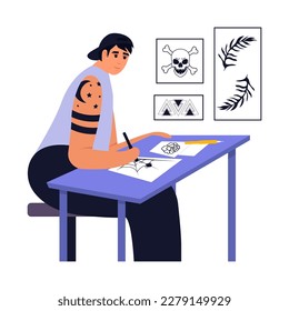 Tattoo artist at work. Cartoon professional ink master character drawing with needle machine. Tattooer at work skin art concept. Vector illustration. Master drawing flower for client