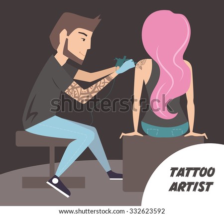 Tattoo artist at work. Vector isolated illustration. Girl with pink hair.