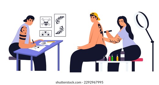 Tattoo artists work process from designing, drawing to tattooing with needle machine. Tattooist with equipment and client in salon. Artist Paint Human Body Back Shoulder in Studio.