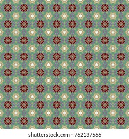 Tattoo, astrology, alchemy, boho and magic symbol. Vector ornamental mandala inspired ethnic art, patterned Indian paisley. Invitation element. Seamless pattern in green, brown and red colors.