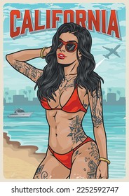 Tattoo beach girl poster colorful hot seductive model stands In bikini California resort with cityline on opposite shore vector illustration