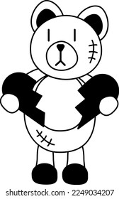 Tattoo bear with broken heart in the style of the 90s, 2000s. Black and white single object illustration.