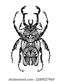 Tattoo beetle. Rhinoceros beetle, hand drawing . Engraving illustration, Vector graphic, Insects, Bug, isolated on white background, woodcut style