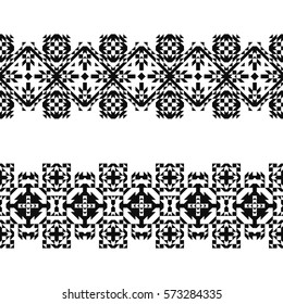 Tattoo belt. Set of 2 seamless borders in american indian style. Embroidery triangle schemes.  Black and white navajo backgrounds. Textile geo prints. Ethnic chevron design