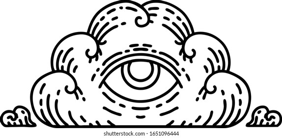 tattoo in black line style of an all seeing eye cloud