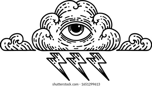 tattoo in black line style of an all seeing eye cloud