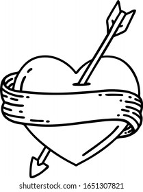 tattoo in black line style of an arrow heart and banner