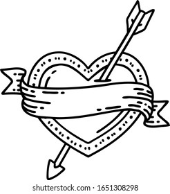 tattoo in black line style of an arrow heart and banner
