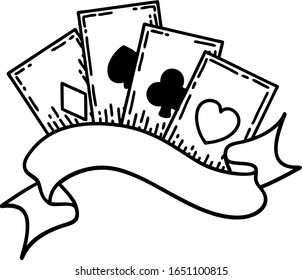 tattoo in black line style of cards and banner