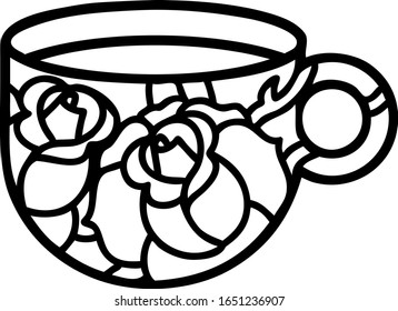 tattoo in black line style of a cup and flowers