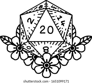 tattoo in black line style of a d20