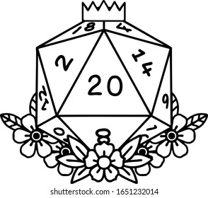 tattoo in black line style of a d20