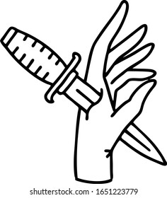 tattoo in black line style of a dagger in the hand