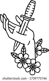 tattoo in black line style of a dagger in the hand