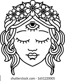 tattoo in black line style of female face with third eye and crown of flowers