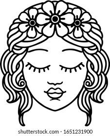 tattoo in black line style of female face with eyes closed