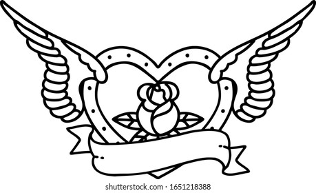 tattoo in black line style of a flying heart with flowers and banner