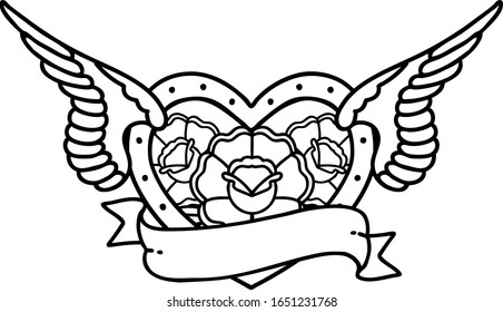 tattoo in black line style of a flying heart with flowers and banner