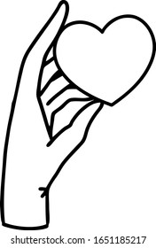 tattoo in black line style of a hand holding a heart