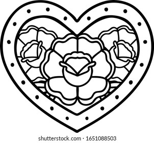 tattoo in black line style of a heart and flowers