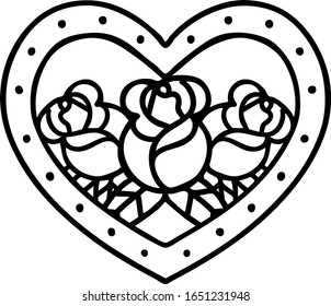 tattoo in black line style of a heart and flowers