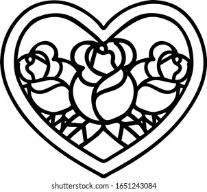 tattoo in black line style of a heart and flowers