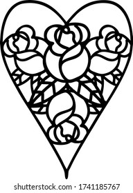 tattoo in black line style of a heart and flowers