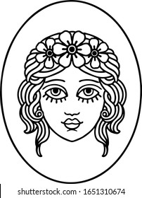 tattoo in black line style of a maiden with flowers in her hair