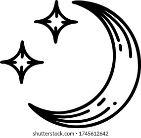tattoo in black line style of a moon and stars