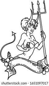 tattoo in black line style of a pinup devil girl with banner