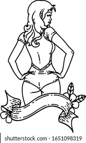 tattoo in black line style of a pinup swimsuit girl with banner