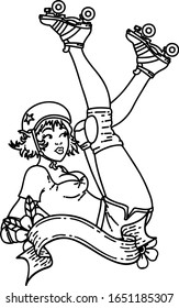 tattoo in black line style of a pinup roller derby girl with banner