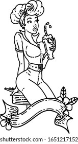 tattoo in black line style of a pinup girl drinking a milkshake with banner